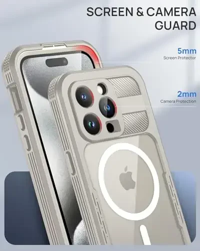 Lanhiem Magnetic for iPhone 15 Pro Max Case, IP68 Waterproof Dustproof Case, [Compatible with Magsafe] [Built-in Screen Protector] Full Body Heavy Duty Rugged Phone Cover 6.7 inch, Natural - 5