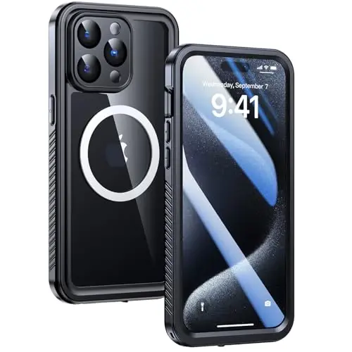 Lanhiem Magnetic for iPhone 15 Pro Max Waterproof Case, Dustproof Case Built-in Screen Protector & Camera Protection, Full Body Heavy Duty MagSafe Clear Phone Cover for 15 Pro Max (Black) - 1