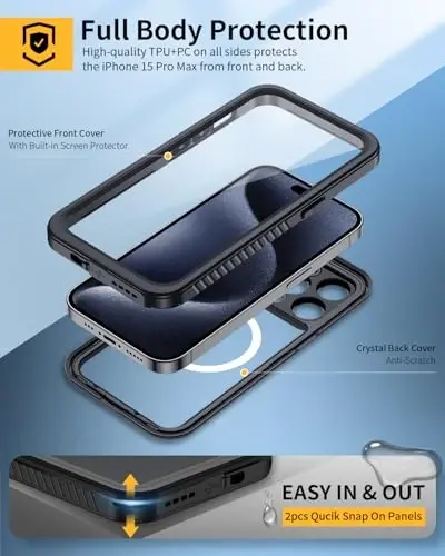 Lanhiem Magnetic for iPhone 15 Pro Max Waterproof Case, Dustproof Case Built-in Screen Protector & Camera Protection, Full Body Heavy Duty MagSafe Clear Phone Cover for 15 Pro Max (Black) - 3