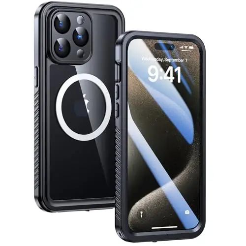 Lanhiem Magnetic for iPhone 15 Pro Waterproof Case, Dustproof Case Built-in Screen Protector & Camera Protection [Compatible with MagSafe], Full Body Heavy Duty Clear Phone Cover for 15 Pro (Black) - 1