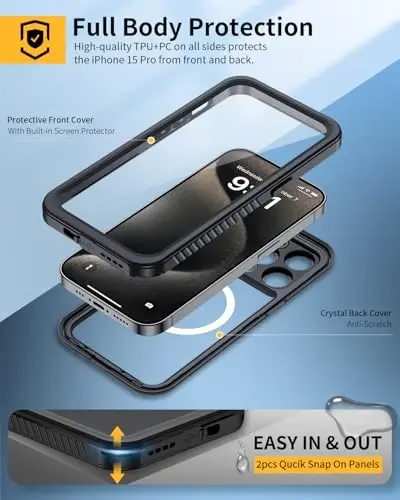 Lanhiem Magnetic for iPhone 15 Pro Waterproof Case, Dustproof Case Built-in Screen Protector & Camera Protection [Compatible with MagSafe], Full Body Heavy Duty Clear Phone Cover for 15 Pro (Black) - 3