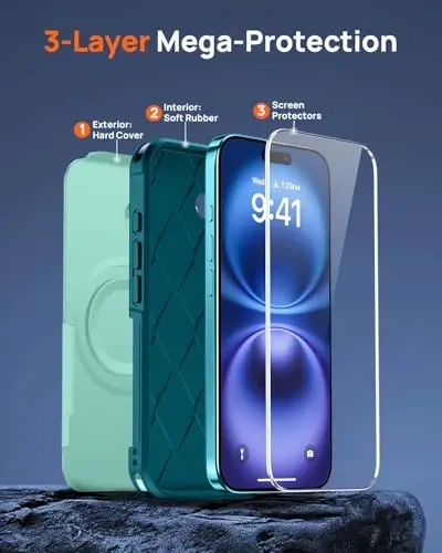 Lanhiem Magnetic for iPhone 16 Case, [2 Pack Tempered Glass Screen Protector][Compatible with MagSafe][10 FT Military Grade Shockproof] Heavy Duty Tough Phone Cover for iPhone 16 (6.1