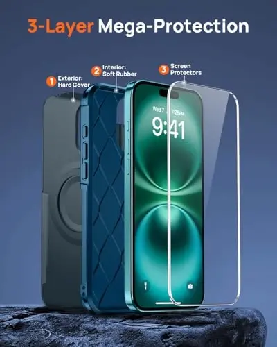 Lanhiem Magnetic for iPhone 16 Pro Case, [2 Pack Tempered Glass Screen Protector][Compatible with MagSafe][Military Grade Shockproof] Heavy Duty Tough Rugged Cover for iPhone 16 Pro (6.3