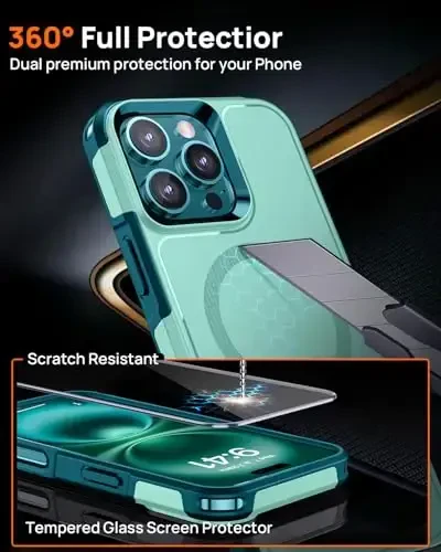 Lanhiem Magnetic for iPhone 16 Pro Case, [2 Pack Tempered Glass Screen Protector][Compatible with MagSafe][Military Grade Shockproof] Heavy Duty Tough Rugged Cover for iPhone 16 Pro (6.3
