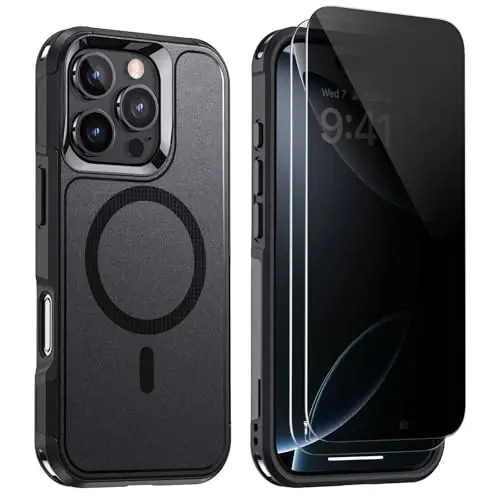 Lanhiem Magnetic for iPhone 16 Pro Max Case, with [2 Pcs Privacy Screen Protector] [Compatible with MagSafe] Shockproof Heavy Duty Military Protective Phone Case Cover for iPhone 16 Pro Max (Black) 
