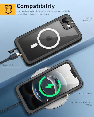 Lanhiem Magnetic for iPhone 16e Case, IP68 Waterproof Dustproof Shockproof Cases with Screen Protector, 360 Full Body Protective Heavy Duty Rugged Phone Cover for iPhone 16e (Black-Magnetic) - 4