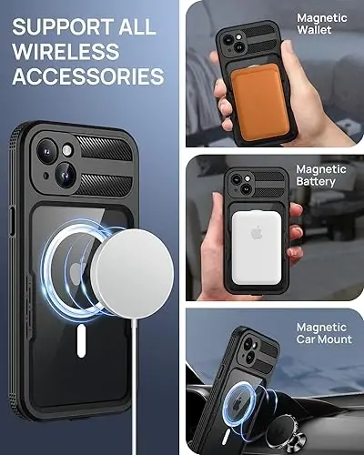 Lanhiem Magnetic iPhone 15 Plus uchun g‘ilof, IP68 suv o‘tkazmaydigan chang o‘tkazmaydigan g‘ilof, [Magsafe bilan mos] [O‘rnatilgan ekran himoyachisi] To‘liq korpusli og‘ir yuk ko‘taradigan telefon qopqog‘i 6,7 dyuym, qora/shaffof - 3