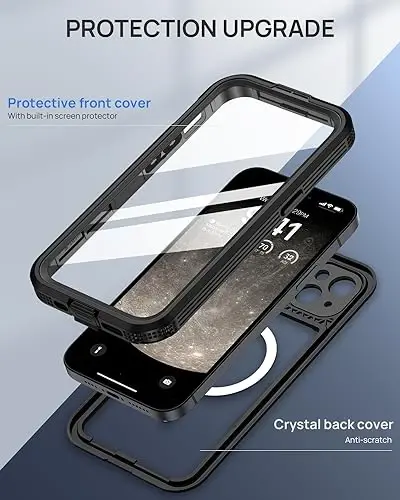 Lanhiem Magnetic iPhone 15 Plus uchun g‘ilof, IP68 suv o‘tkazmaydigan chang o‘tkazmaydigan g‘ilof, [Magsafe bilan mos] [O‘rnatilgan ekran himoyachisi] To‘liq korpusli og‘ir yuk ko‘taradigan telefon qopqog‘i 6,7 dyuym, qora/shaffof - 6
