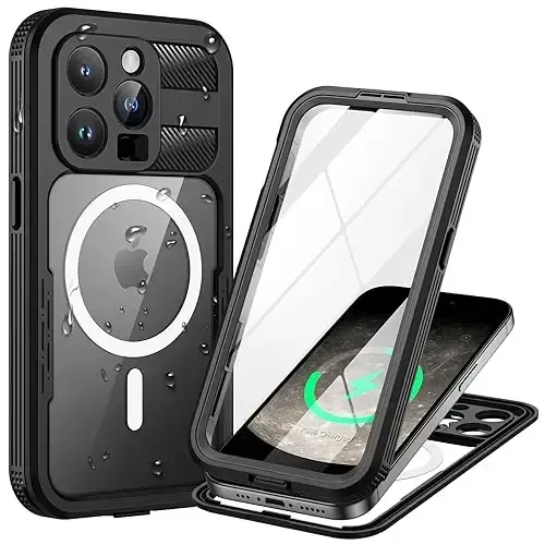 Lanhiem Magnetic iPhone 15 Pro Max uchun g'ilof, IP68 suv o'tkazmaydigan chang o'tkazmaydigan g'ilof, [Magsafe bilan mos keladi] [O'rnatilgan ekran himoyachisi] To'liq korpusli og'ir yuk ko'taruvchi telefon qopqog'i 6,7 dyuym, qora/shaffof 