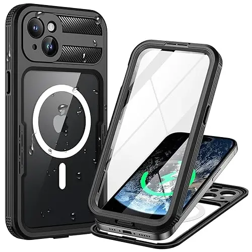 Lanhiem Magnetic iPhone 15 uchun g'ilof, IP68 suv o'tkazmaydigan chang o'tkazmaydigan g'ilof, [Magsafe bilan mos] [O'rnatilgan ekran himoyachisi] To'liq korpusli og'ir yuk ko'taruvchi telefon qopqog'i 6,1 dyuym, qora/shaffof - LANHIEM