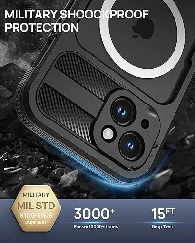 Lanhiem Magnetic iPhone 15 uchun g'ilof, IP68 suv o'tkazmaydigan chang o'tkazmaydigan g'ilof, [Magsafe bilan mos] [O'rnatilgan ekran himoyachisi] To'liq korpusli og'ir yuk ko'taruvchi telefon qopqog'i 6,1 dyuym, qora/shaffof - 4
