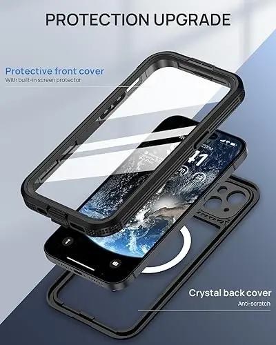Lanhiem Magnetic iPhone 15 uchun g'ilof, IP68 suv o'tkazmaydigan chang o'tkazmaydigan g'ilof, [Magsafe bilan mos] [O'rnatilgan ekran himoyachisi] To'liq korpusli og'ir yuk ko'taruvchi telefon qopqog'i 6,1 dyuym, qora/shaffof - 6