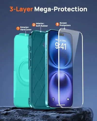 Lanhiem Magnetic iPhone 16 Case uchun, [2 ta закалённое стекло ekran himoyachisi] [MagSafe bilan mos] [10 FT harbiy darajadagi zarba o'tkazmaydigan] iPhone 16 uchun og'ir vaznli telefon qopqog'i (6.1