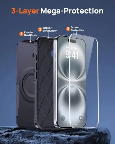 Lanhiem Magnetic iPhone 16 Plus uchun gʻilof, [2 ta закалённое стекло экран ҳимоячиси] [MagSafe bilan mos] [10 FT Harbiy zarba oʻtkazmaydigan] iPhone 16 Plus (6.7