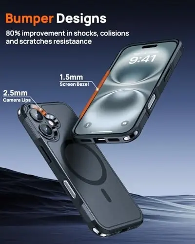 Lanhiem Magnetic iPhone 16 Plus uchun gʻilof, [2 ta закалённое стекло экран ҳимоячиси] [MagSafe bilan mos] [10 FT Harbiy zarba oʻtkazmaydigan] iPhone 16 Plus (6.7