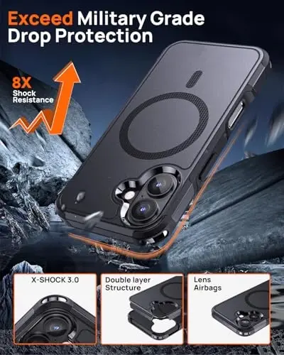 Lanhiem Magnetic iPhone 16 Plus uchun gʻilof, [2 ta закалённое стекло экран ҳимоячиси] [MagSafe bilan mos] [10 FT Harbiy zarba oʻtkazmaydigan] iPhone 16 Plus (6.7
