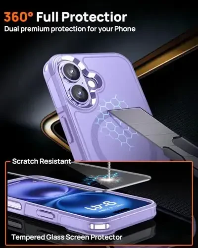 Lanhiem Magnetic iPhone 16 uchun g‘ilof, [2 ta закаленное stikli ekran himoyachisi][MagSafe bilan mos][10 FT harbiy darajadagi zarba o‘tkazmaydigan] iPhone 16 uchun bardoshli telefon qopqog‘i (6.1