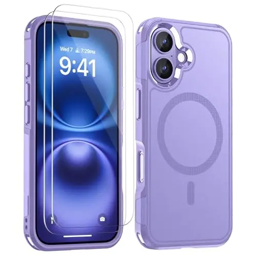 Lanhiem Magnetic iPhone 16 uchun g‘ilof, [2 ta закаленное stikli ekran himoyachisi][MagSafe bilan mos][10 FT harbiy darajadagi zarba o‘tkazmaydigan] iPhone 16 uchun bardoshli telefon qopqog‘i (6.1