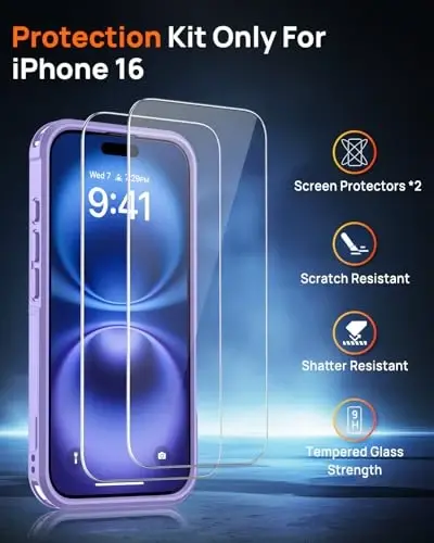 Lanhiem Magnetic iPhone 16 uchun g‘ilof, [2 ta закаленное stikli ekran himoyachisi][MagSafe bilan mos][10 FT harbiy darajadagi zarba o‘tkazmaydigan] iPhone 16 uchun bardoshli telefon qopqog‘i (6.1