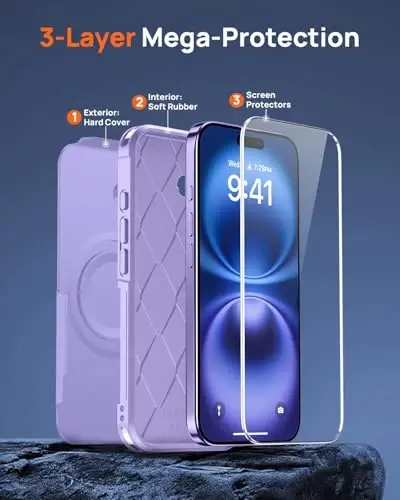 Lanhiem Magnetic iPhone 16 uchun g‘ilof, [2 ta закаленное stikli ekran himoyachisi][MagSafe bilan mos][10 FT harbiy darajadagi zarba o‘tkazmaydigan] iPhone 16 uchun bardoshli telefon qopqog‘i (6.1