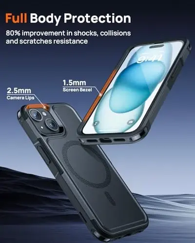 Lanhiem Магнитный чехол для iPhone 15 с защитным экраном конфиденциальности, ударопрочный прочный чехол военного класса 10 футов, совместимый с MagSafe для iPhone 15 (черный) 