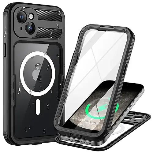 Lanhiem Magnetic for iPhone 15 Plus Case, IP68 Waterproof Dustproof Case, [Compatible with Magsafe] [Built-in Screen Protector] Full Body Heavy Duty Rugged Phone Cover 6.7 inch, Black/Clear - LANHIEM