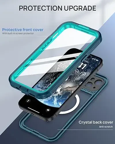Lanhiem Magnetic for iPhone 15 Pro Case, IP68 Waterproof Dustproof Case, [Compatible with Magsafe] [Built-in Screen Protector] Full Body Heavy Duty Rugged Phone Cover 6.1 inch, Blue/Clear - 6