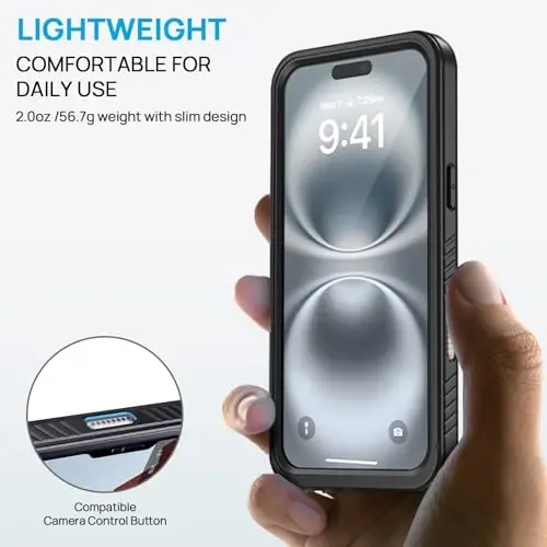 Lanhiem uchun iPhone 16 Plus g‘ilofi, o‘rnatilgan ekran himoyachisi bilan IP68 suv o‘tkazmaydigan, chang o‘tkazmaydigan va zarbaga chidamli g‘iloflar, iPhone 16 Plus uchun 360 to‘liq korpusli og‘ir yukga chidamli telefon qopqog‘i - 6.7 dyuym (Qora/Tiniq) - 4