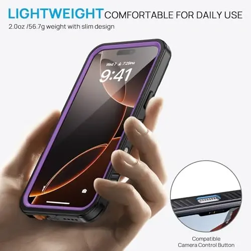 Lanhiem uchun iPhone 16 Pro Max g‘ilofi, o‘rnatilgan ekran himoyachisi bilan IP68 suvga va changga chidamli zarbaga qarshi g‘iloflar, iPhone 16 Pro Max uchun to‘liq tana og‘ir yukga chidamli telefon qopqog‘i - 6.9 dyuym (Binafsharang) - 4
