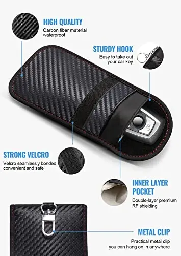 Lanpard kalit fob uchun Faraday sumkasi (2 dona), Faraday qafas himoyachisi, Avtomobil RFID signalini blokirovka qiluvchi kalit fob himoyachisi, Ikki qatlamli ekranlangan uglerod tolali material o'g'irlikka qarshi Faraday hamyoni - 5