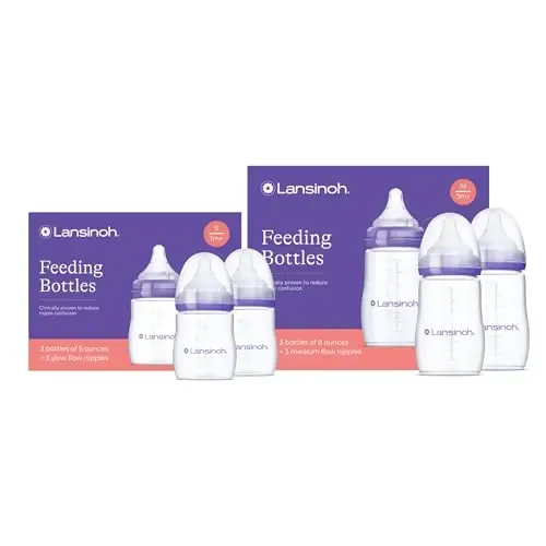 Lansinoh NaturalWave Newborn Gift Set – 3 Anti‑Colic 5 oz Bottles with S‑Flow Nipples + 3 Breastfeeding 8 oz Bottles with M‑Flow Nipples (6 Pack) - 1