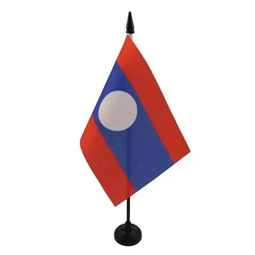 Laos Table Flag 4'' x 6'' - Laotian Desk Flag 15 x 10 cm. - Black plastic stick and base - AZ FLAG - 2