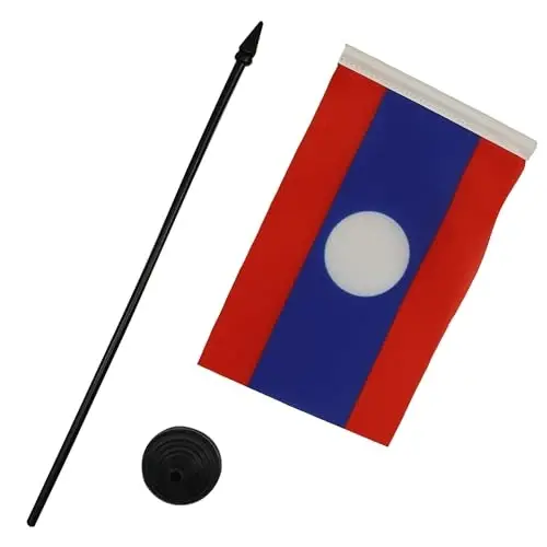 Laos Table Flag 4'' x 6'' - Laotian Desk Flag 15 x 10 cm. - Black plastic stick and base - AZ FLAG - 3
