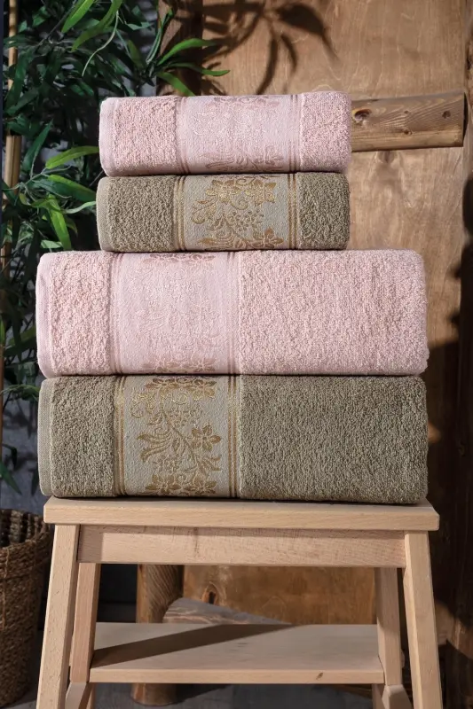 Lara Kutulu 4'lü Banyo Havlusu | Havlu Takımı | Havlu | Havlu Seti I Hamam Seti I Çeyiz Havlusu - Pembe - 1