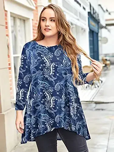 LARACE Ayollar Plus Size 3/4 Qisma Keng Fit Flare Swing Tunik Tops Gullari Baland Past Oddiy Futbolka - 4