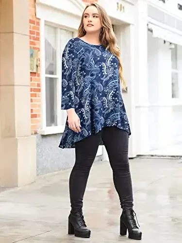 LARACE Ayollar Plus Size 3/4 Qisma Keng Fit Flare Swing Tunik Tops Gullari Baland Past Oddiy Futbolka - 5