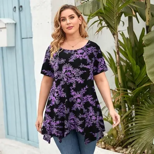 LARACE Ayollar uchun qisqa yengli ko'ylaklar Plus Size Toplar Kundalik yozgi kiyimlar Asimmetrik tunik bluzkalar - 2