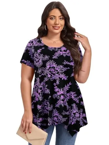 LARACE Ayollar uchun qisqa yengli ko'ylaklar Plus Size Toplar Kundalik yozgi kiyimlar Asimmetrik tunik bluzkalar - LARACE (1)