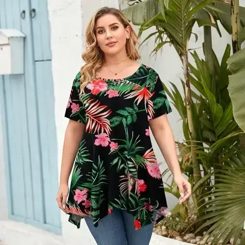 LARACE Ayollar uchun qisqa yengli ko'ylaklar Plus Size Toplar Kundalik yozgi kiyimlar Asimmetrik tunik bluzkalar - 2