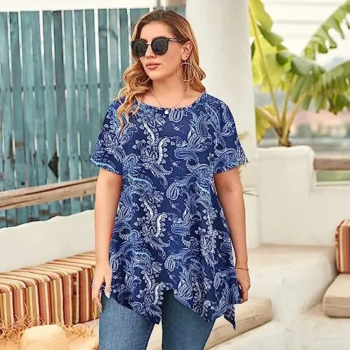 LARACE Ayollar uchun qisqa yengli ko'ylaklar Plus Size Toplar Kundalik yozgi kiyimlar Asimmetrik tunika bluzkalar - 3