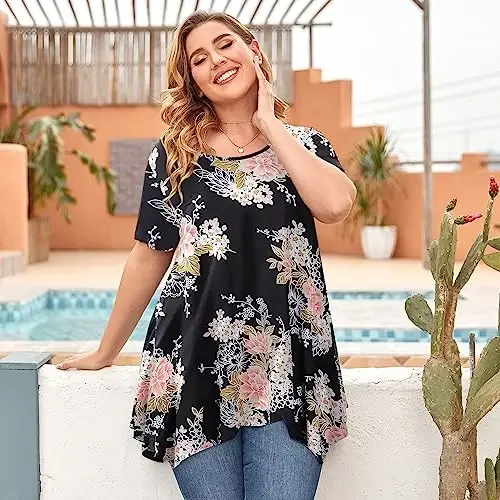 LARACE Ayollar uchun qisqa yengli ko'ylaklar Plus Size Toplar Kundalik yozgi kiyimlar Asimmetrik tunika bluzkalar - 4