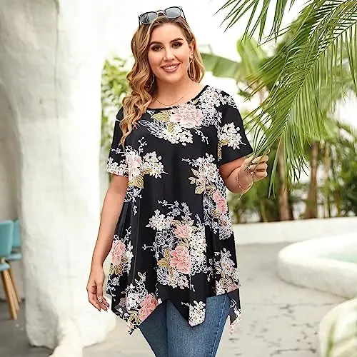 LARACE Ayollar uchun qisqa yengli ko'ylaklar Plus Size Toplar Kundalik yozgi kiyimlar Asimmetrik tunika bluzkalar - 5
