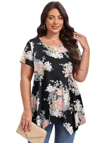 LARACE Ayollar uchun qisqa yengli ko'ylaklar Plus Size Toplar Kundalik yozgi kiyimlar Asimmetrik tunika bluzkalar - LARACE (1)