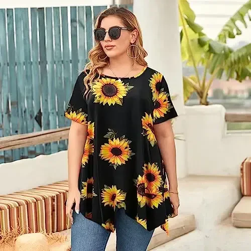 LARACE Ayollar uchun qisqa yengli ko'ylaklar Plus Size Toplar Kundalik yozgi kiyimlar Asimmetrik tunika bluzkalar - 3