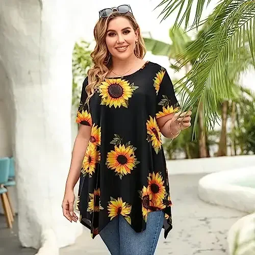 LARACE Ayollar uchun qisqa yengli ko'ylaklar Plus Size Toplar Kundalik yozgi kiyimlar Asimmetrik tunika bluzkalar - 5