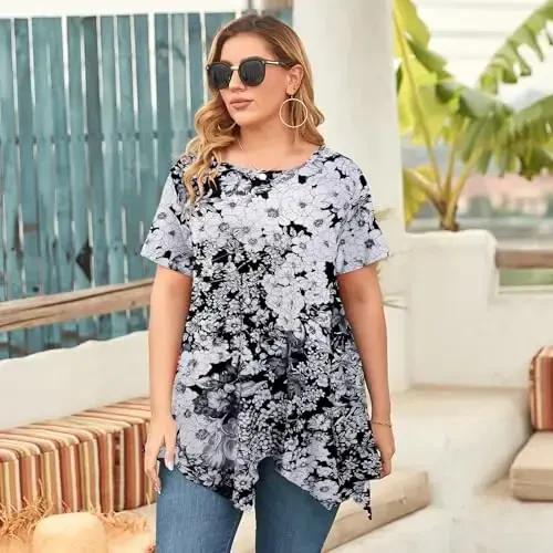 LARACE Ayollar uchun qisqa yengli ko'ylaklar Plus Size Tops Kundalik yozgi kiyimlar Asimmetrik tunik bluzkalar - 3