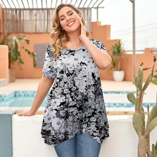 LARACE Ayollar uchun qisqa yengli ko'ylaklar Plus Size Tops Kundalik yozgi kiyimlar Asimmetrik tunik bluzkalar - 4