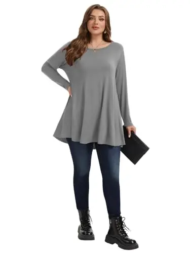 LARACE Plus Size Tunic Tops Long Sleeve Shirts for Women Swing Flowy Loose Fit Clothes for Leggings - 14