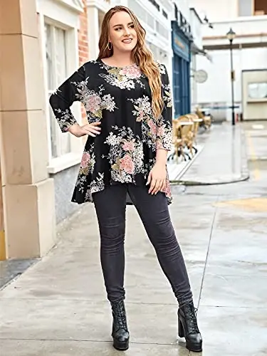 LARACE Womens Plus Size 3/4 Sleeve Loose Fit Flare Swing Tunic Tops Floral High Low Basic T Shirt - 3