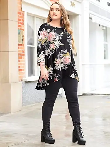 LARACE Womens Plus Size 3/4 Sleeve Loose Fit Flare Swing Tunic Tops Floral High Low Basic T Shirt - 5